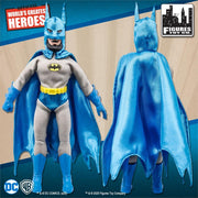 Front and back of the Hugo Strange as Batman action figure, showing the blue satin cape falling from the shoulders and the bald, bearded head with the Batman mask.