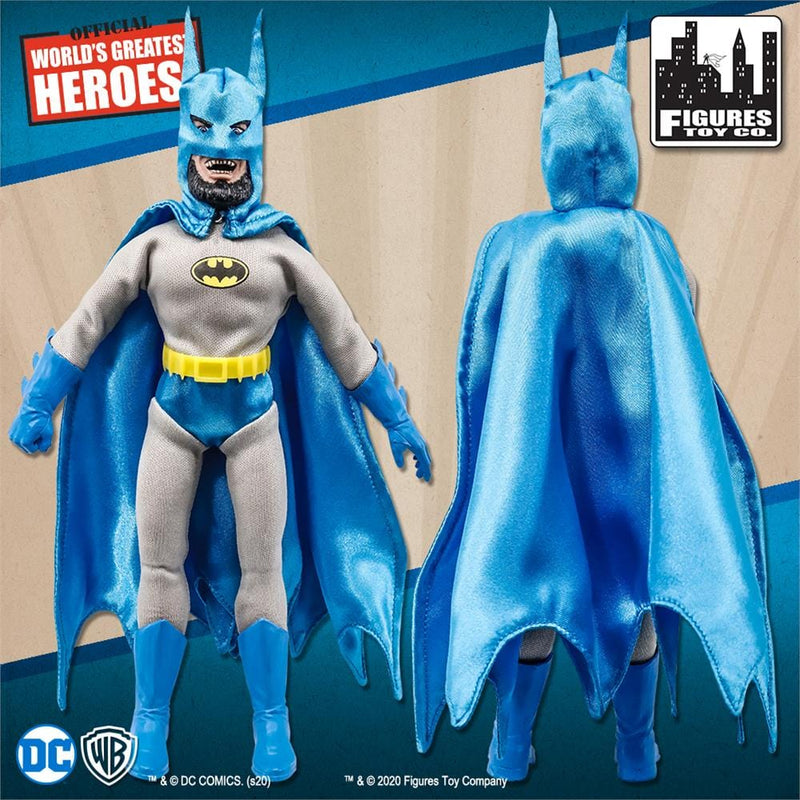 Front and back of the Hugo Strange as Batman action figure, showing the blue satin cape falling from the shoulders and the bald, bearded head with the Batman mask.