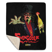 Black throw blanket with a Svengoolie character illustration featuring Svengoolie reaching forward and holding a yellow chicken, with the text 'Svengoolie' in red below him.