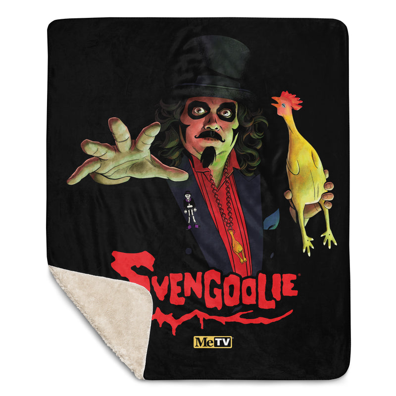 Black throw blanket with a Svengoolie character illustration featuring Svengoolie reaching forward and holding a yellow chicken, with the text 'Svengoolie' in red below him.