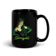 Black ceramic mug featuring a green pin-up illustration of Gwengoolie with the text 'Gwengoolie' in green below her.
