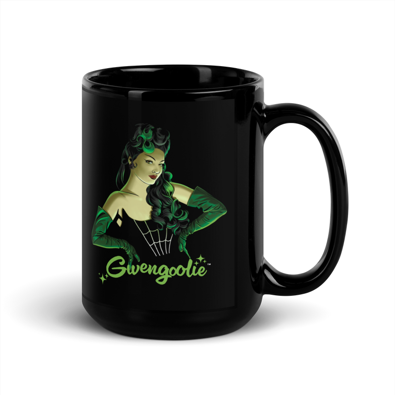 Black ceramic mug featuring a green pin-up illustration of Gwengoolie with the text 'Gwengoolie' in green below her.
