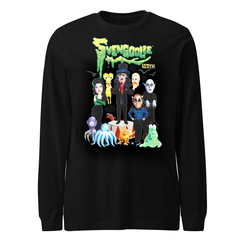 Black long-sleeved shirt featuring Svengoolie and the Sven Squad alongside small monster characters with the text 'Svengoolie' in green dripping letters and a MeTV logo at the top.