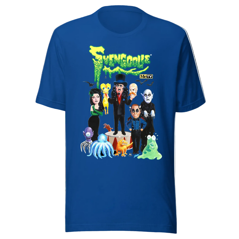 Royal blue t-shirt featuring a group of cartoon monsters around Svengoolie in a top hat, with the green text 'Svengoolie' above.