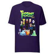 Purple t-shirt featuring a group of cartoon monsters around Svengoolie in a top hat, with the green text 'Svengoolie' above.