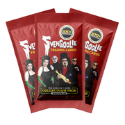 Three red trading card packs fanned out, front pack featuring the cast under the Svengoolie logo with the text 'TRADING CARDS' in yellow below it.