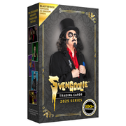 Three-quarter view of black Svengoolie 2025 trading card blaster box with a picture of Svengoolie and the text 'SVENGOOLIE' in gold.