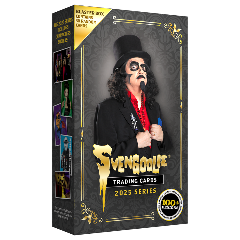 Three-quarter view of black Svengoolie 2025 trading card blaster box with a picture of Svengoolie and the text 'SVENGOOLIE' in gold.
