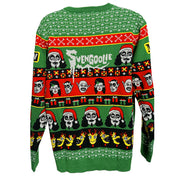 Back view of green knit holiday sweater featuring Svengoolie faces in Santa hats with the text 'Svengoolie' in white at center.