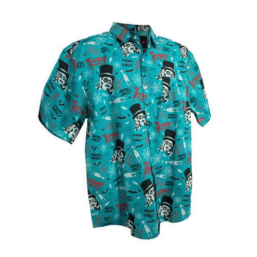 Teal short-sleeved button-up shirt with an all-over Svengoolie face in a top hat print and repeated red text 'Svengoolie'.