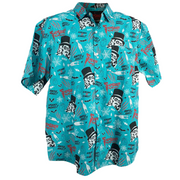 Teal short-sleeved button-up shirt with an all-over print of Svengoolie face illustrations and red 'Svengoolie' logos among spooky icons.