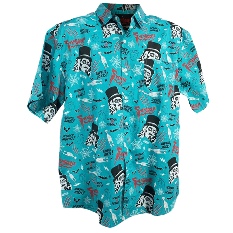 Teal short-sleeved button-up shirt with an all-over print of Svengoolie face illustrations and red 'Svengoolie' logos among spooky icons.