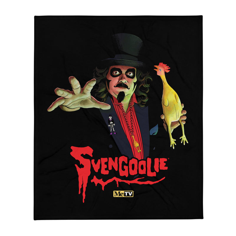 Black throw blanket with a Svengoolie character illustration featuring Svengoolie reaching forward and holding a yellow chicken, with the text 'Svengoolie' in red below him.