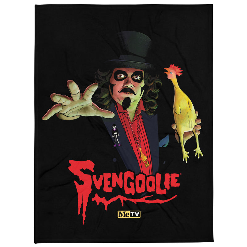 Black throw blanket with a Svengoolie character illustration featuring Svengoolie reaching forward and holding a yellow chicken, with the text 'Svengoolie' in red below him.