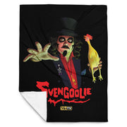 Black throw blanket with a Svengoolie character illustration featuring Svengoolie reaching forward and holding a yellow chicken, with the text 'Svengoolie' in red below him.