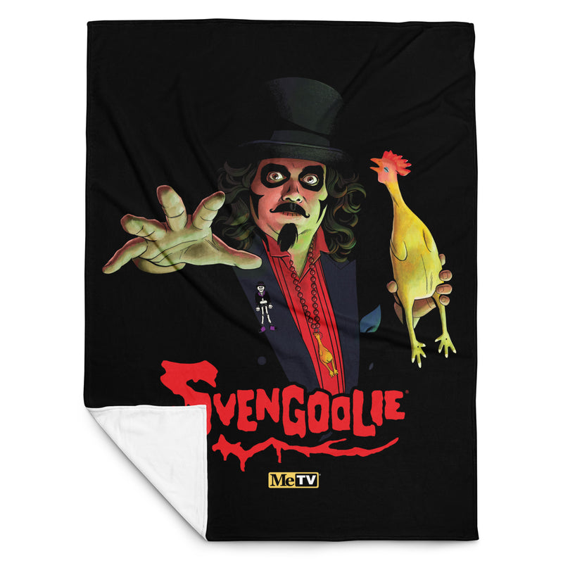 Black throw blanket with a Svengoolie character illustration featuring Svengoolie reaching forward and holding a yellow chicken, with the text 'Svengoolie' in red below him.