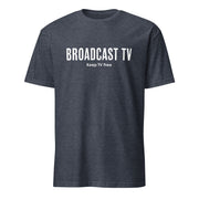 Heather navy short-sleeved t-shirt featuring the text 'BROADCAST TV' in large white capitals with 'Keep TV Free' in smaller white text below it.