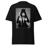Black short-sleeved t-shirt featuring a black and white photo of Svengoolie in a top hat holding a chicken with the text 'Svengoolie' in white at lower left.