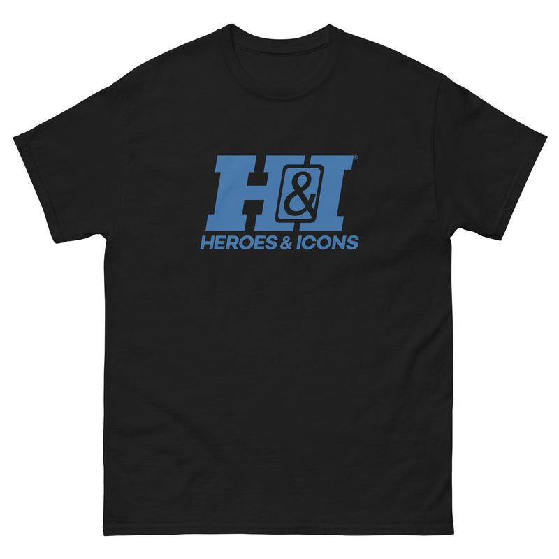 Black short-sleeved t-shirt featuring the Heroes & Icons logo with the text 'H&I' in light blue above 'HEROES & ICONS' in light blue below it.