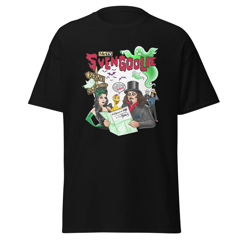 Black t-shirt featuring a Svengoolie cartoon with ghosts and a map, with the text 'Svengoolie' in red above it.