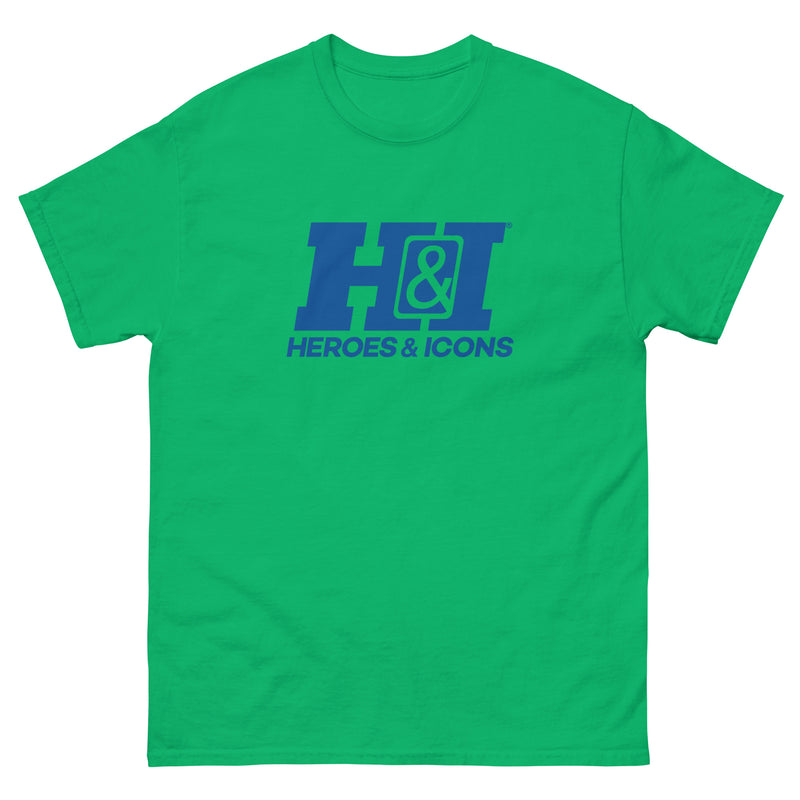 Green short-sleeved t-shirt featuring the blue H&I logo with the text 'HEROES & ICONS' in blue below it on the chest.