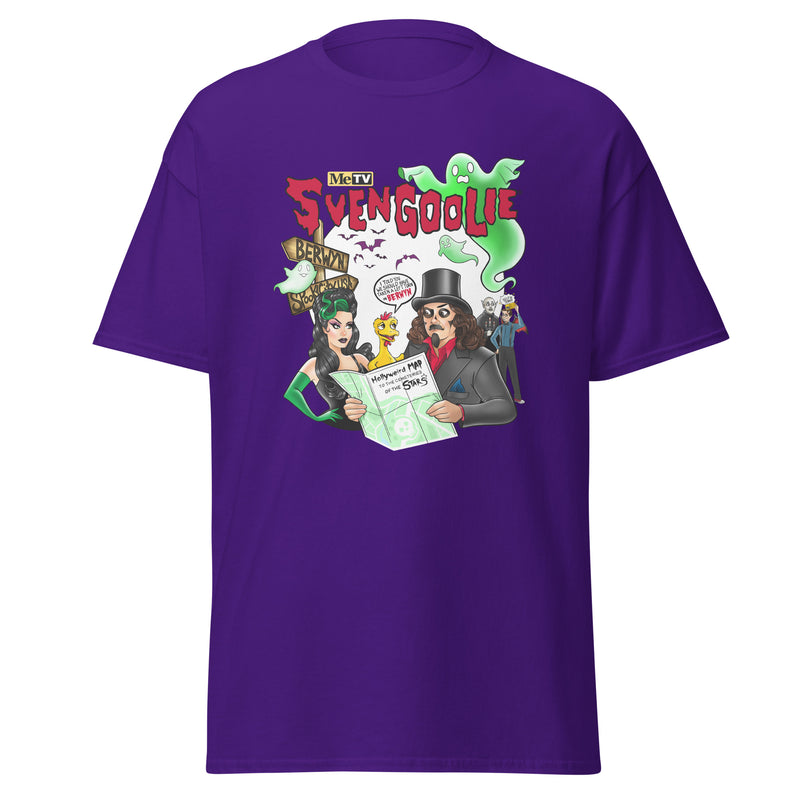 Purple short-sleeved t-shirt featuring cartoon Svengoolie with ghosts and bats, with the text 'Svengoolie' in red above the characters.