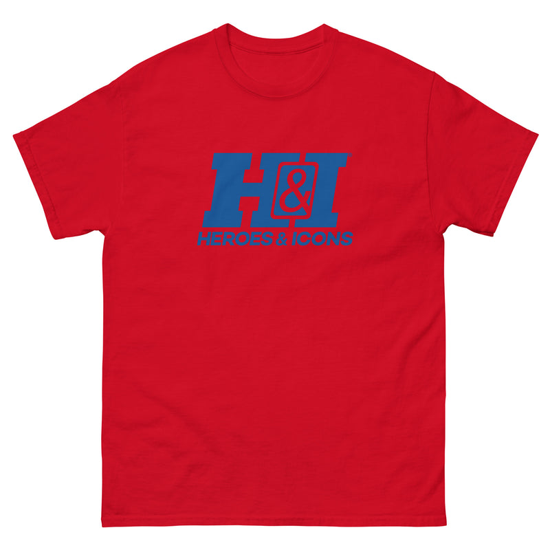 Red short-sleeved t-shirt featuring the Heroes & Icons logo with a blue stylized 'H&I' monogram above the text 'HEROES & ICONS' in blue.