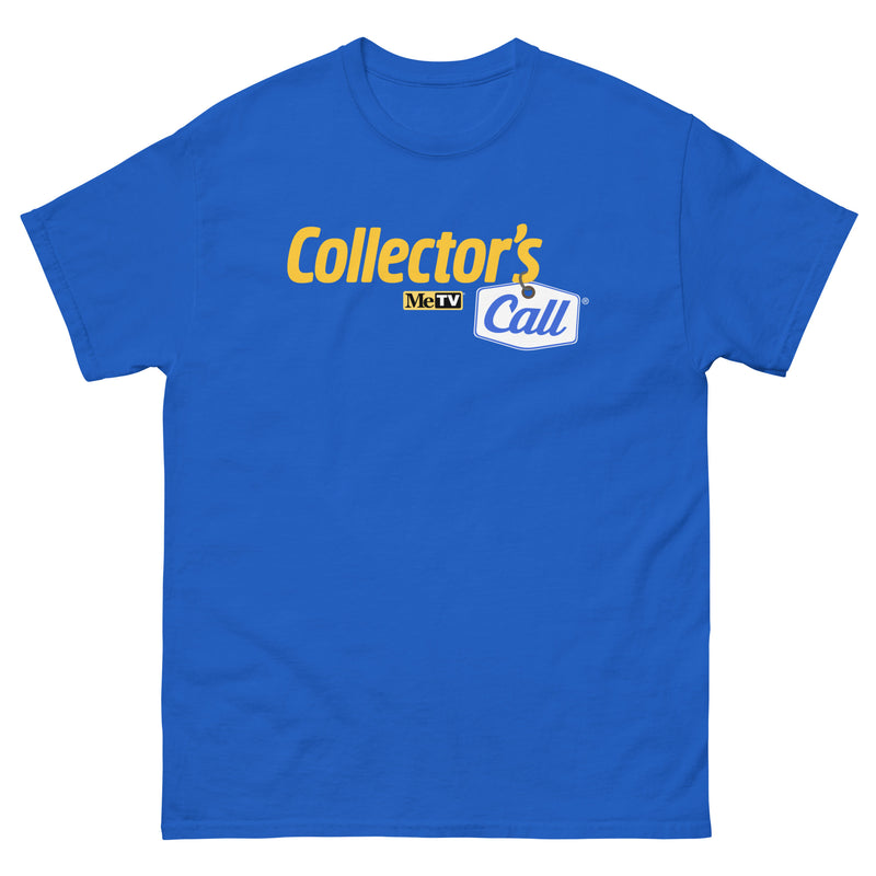 Royal blue t-shirt featuring the Collector's Call logo with the text 'Collector's Call' in yellow and white above a MeTV logo