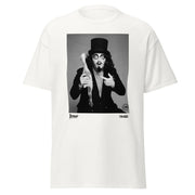 White t-shirt featuring a black-and-white photo of Svengoolie in a top hat holding a chicken, with the text 'Svengoolie' in black at lower left.