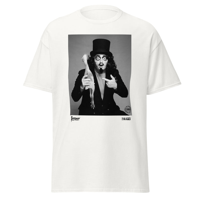 White t-shirt featuring a black-and-white photo of Svengoolie in a top hat holding a chicken, with the text 'Svengoolie' in black at lower left.