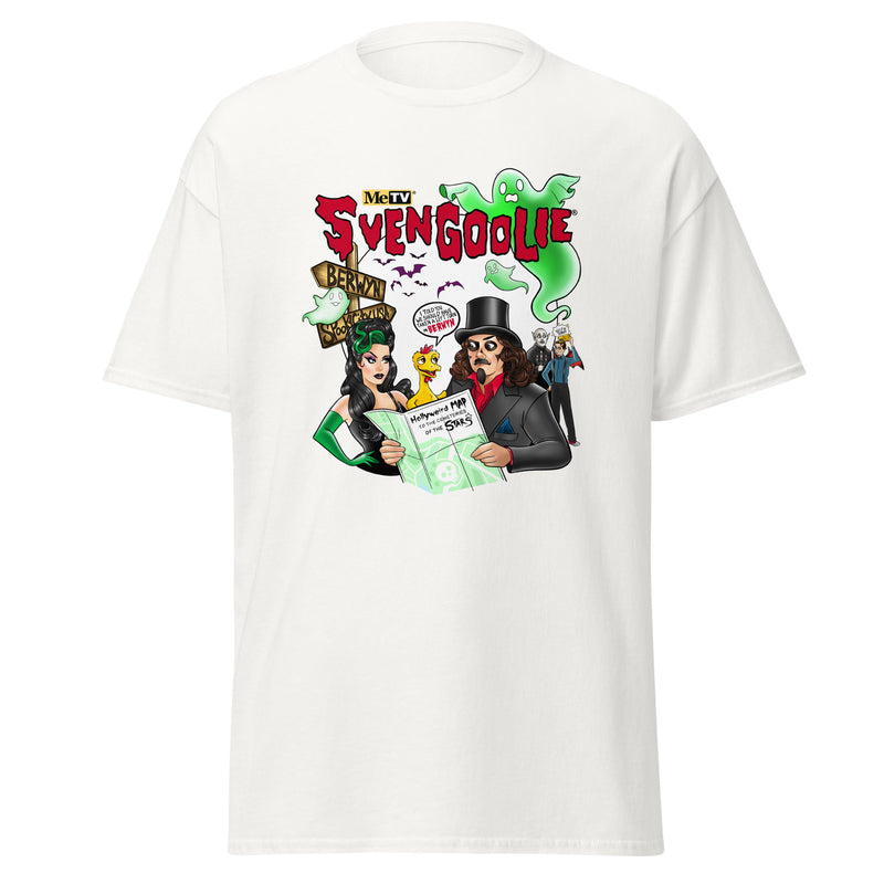 White t-shirt featuring cartoon Svengoolie in a top hat with green ghosts and the text 'SVENGOOLIE' in red above the scene.