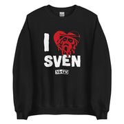 Black crewneck sweatshirt featuring a red heart with a Svengoolie face graphic included in the text 'I Heart Sven' in black above and the MeTV logo below it.
