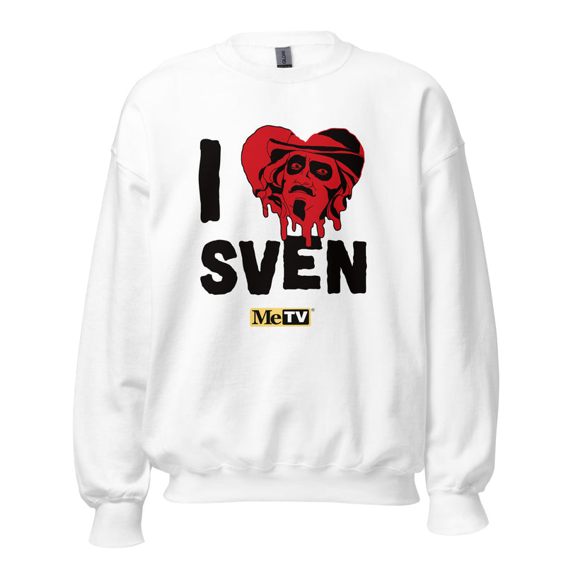 White crewneck sweatshirt featuring a red heart with a Svengoolie face graphic included in the text 'I Heart Sven' in black above and the MeTV logo below it.
