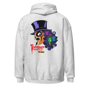 Back view of gray hoodie featuring Svengoolie in a top hat with curly hair, and the faces of the Sven Squad in his hair, with the text 'Svengoolie' in red and the MeTV logo.