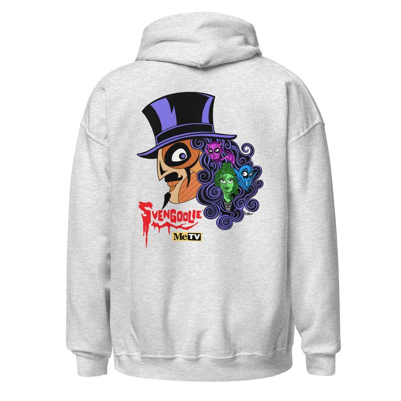 Back view of gray hoodie featuring Svengoolie in a top hat with curly hair, and the faces of the Sven Squad in his hair, with the text 'Svengoolie' in red and the MeTV logo.