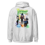 Back view of gray hoodie featuring Svengoolie and the Sven Squad alongside small monster characters with the text 'Svengoolie' in green dripping letters and a MeTV logo at the top.
