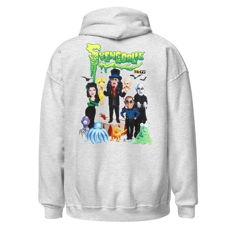 Back view of gray hoodie featuring Svengoolie and the Sven Squad alongside small monster characters with the text 'Svengoolie' in green dripping letters and a MeTV logo at the top.