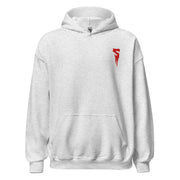 Ash gray heather pullover hoodie with a drawstring hood, front pocket, and a red embroidered Svengoolie dripping letter S logo on the left chest.