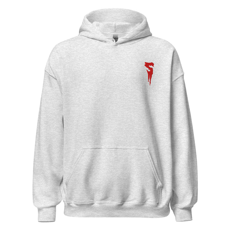 Ash gray heather pullover hoodie with a drawstring hood, front pocket, and a red embroidered Svengoolie dripping letter S logo on the left chest.