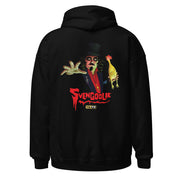 Back view of black pullover hoodie with a Svengoolie character illustration featuring Svengoolie reaching forward and holding a yellow chicken, with the text 'Svengoolie' in red below him.