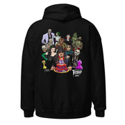 Back view of black hoodie featuring illustrated Svengoolie with cake surrounded by movie monsters, with 'Svengoolie' logo at lower right.