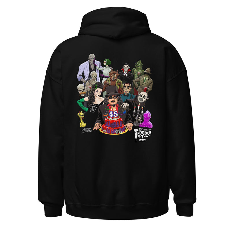 Back view of black hoodie featuring illustrated Svengoolie with cake surrounded by movie monsters, with 'Svengoolie' logo at lower right.