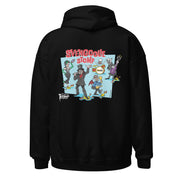 Back view of black hoodie featuring Cartoon band of Svengoolie characters with SVENGOOLIE STOMP text above and Svengoolie logo at lower left