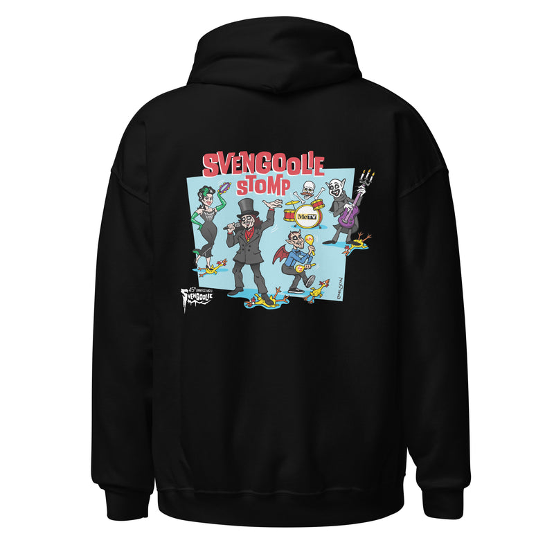 Back view of black hoodie featuring Cartoon band of Svengoolie characters with SVENGOOLIE STOMP text above and Svengoolie logo at lower left