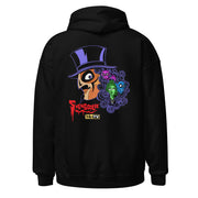 Back view of black hoodie featuring Svengoolie in a top hat with curly hair, and the faces of the Sven Squad in his hair, with the text 'Svengoolie' in red and the MeTV logo.