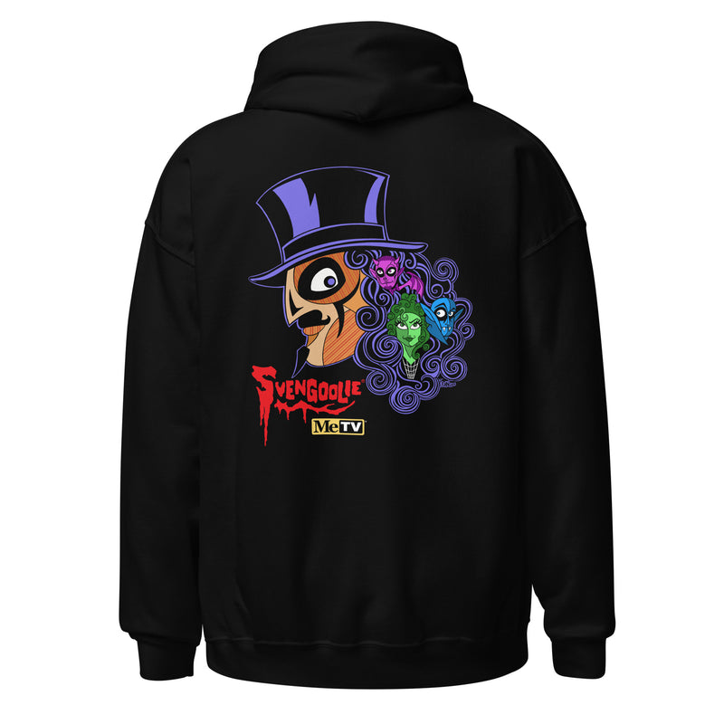 Back view of black hoodie featuring Svengoolie in a top hat with curly hair, and the faces of the Sven Squad in his hair, with the text 'Svengoolie' in red and the MeTV logo.
