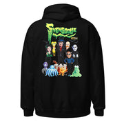 Back view of black hoodie featuring Svengoolie and the Sven Squad alongside small monster characters with the text 'Svengoolie' in green dripping letters and a MeTV logo at the top.