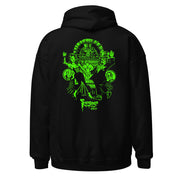 Back view of black hoodie featuring green vintage illustration of Svengoolie and Gwengoolie dancing and images of other Sven Squad members with the text 'Svengoolie' in green below.