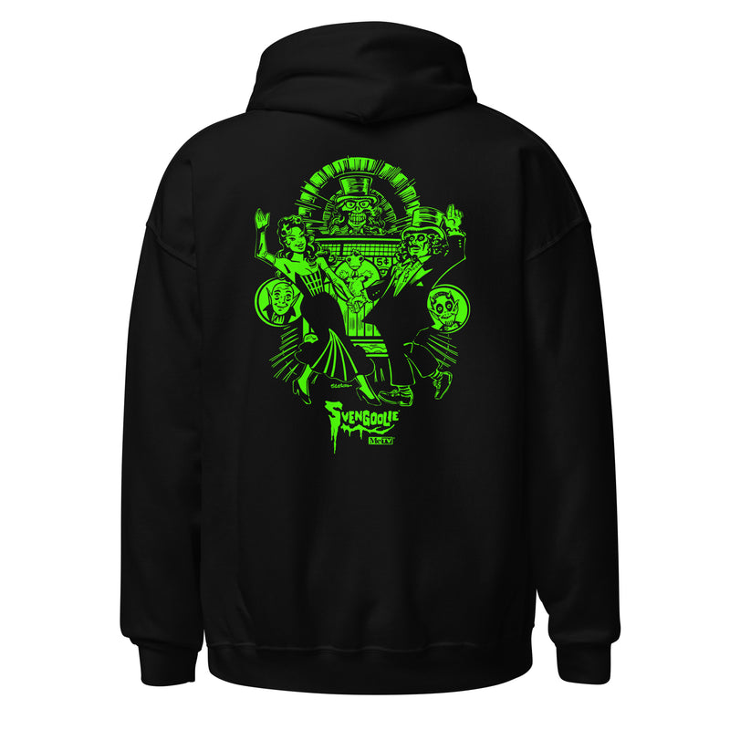 Back view of black hoodie featuring green vintage illustration of Svengoolie and Gwengoolie dancing and images of other Sven Squad members with the text 'Svengoolie' in green below.