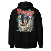 Back view of black pullover hoodie featuring a Svengoolie illustration of the host in a top hat with the text 'Svengoolie' in red at top.
